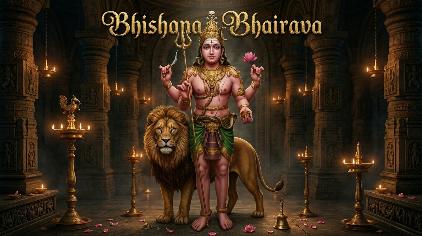 Statue of Lord Bhishana Bhairava with a fierce expression, holding a trident and sword, seated on a lion vehicle.
