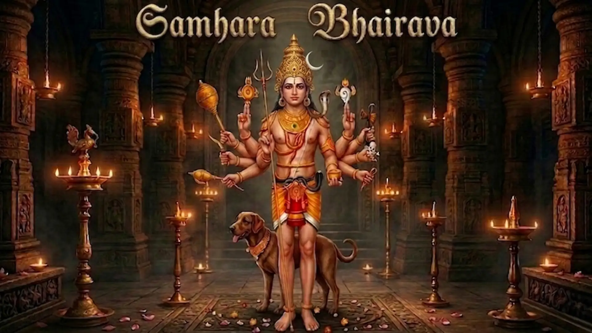 Samhara Bhairava idol decorated with flowers at a temple shrine
