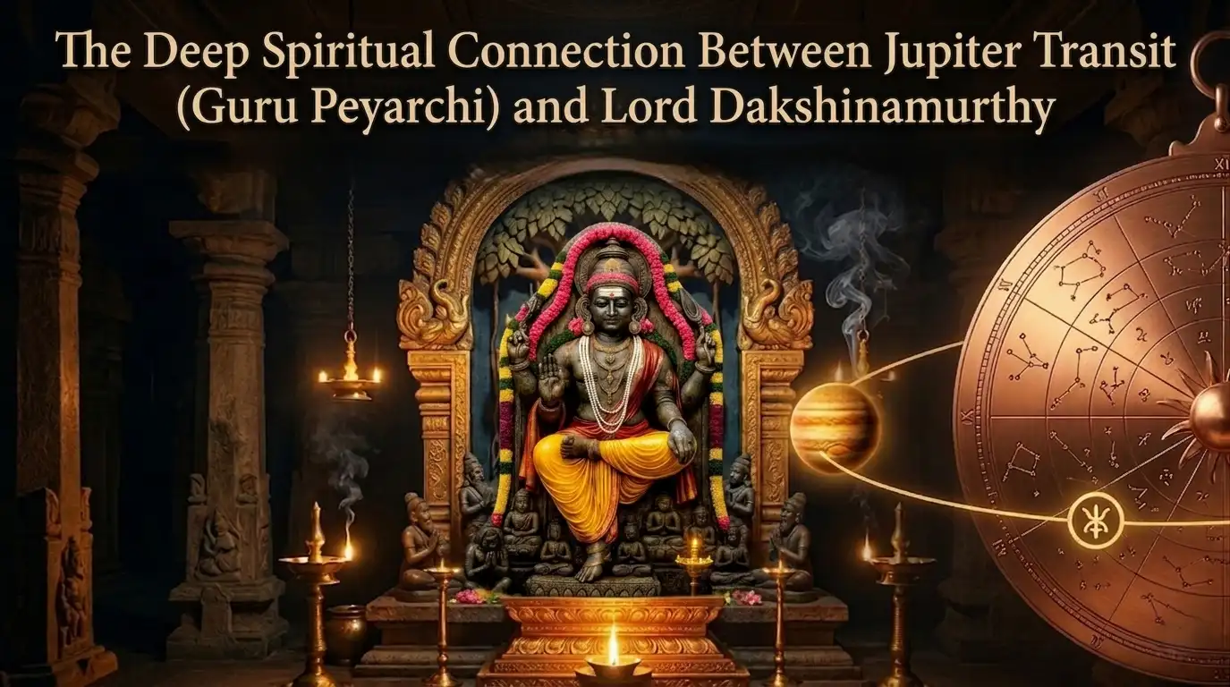 Lord Dakshinamurthy seated beneath a banyan tree symbolizing wisdom during Jupiter Transit