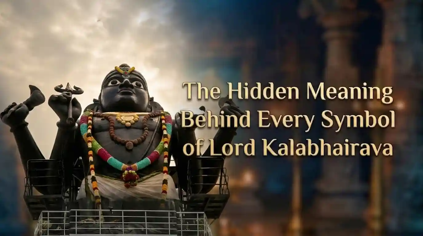 Lord Kalabhairava idol holding a trident and damaru with his sacred dog beside him