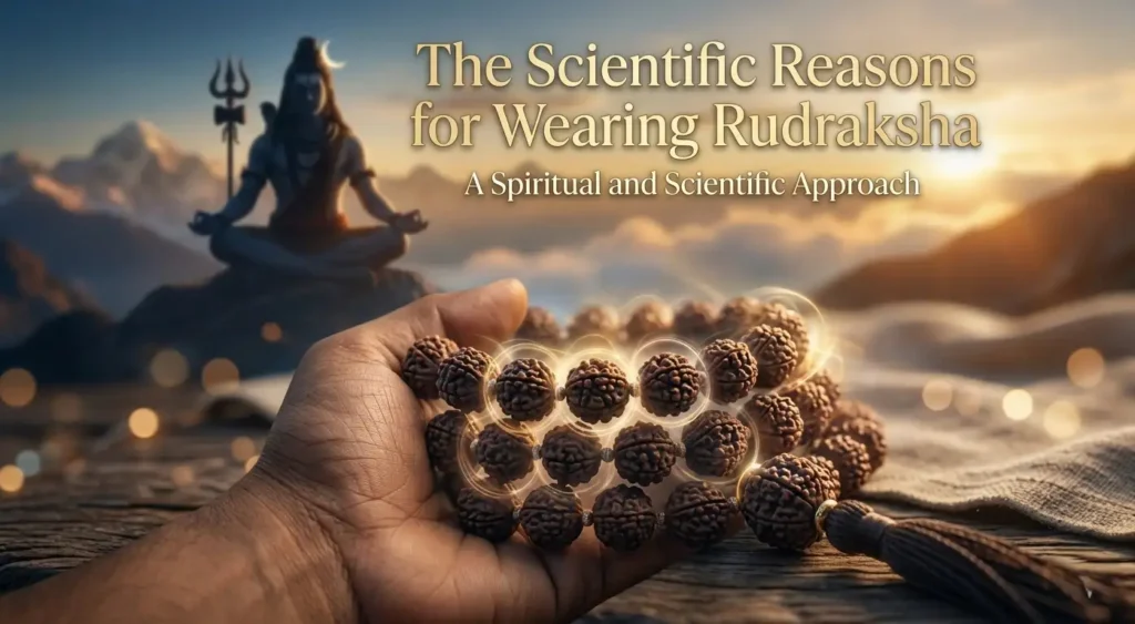 Person wearing a Rudraksha mala during meditation representing spiritual growth, mindfulness, and scientific wellness benefits.