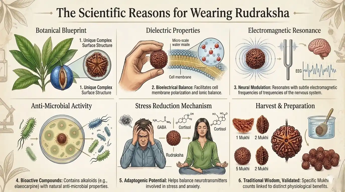 Person wearing a Rudraksha mala during meditation representing spiritual growth, mindfulness, and scientific wellness benefits.