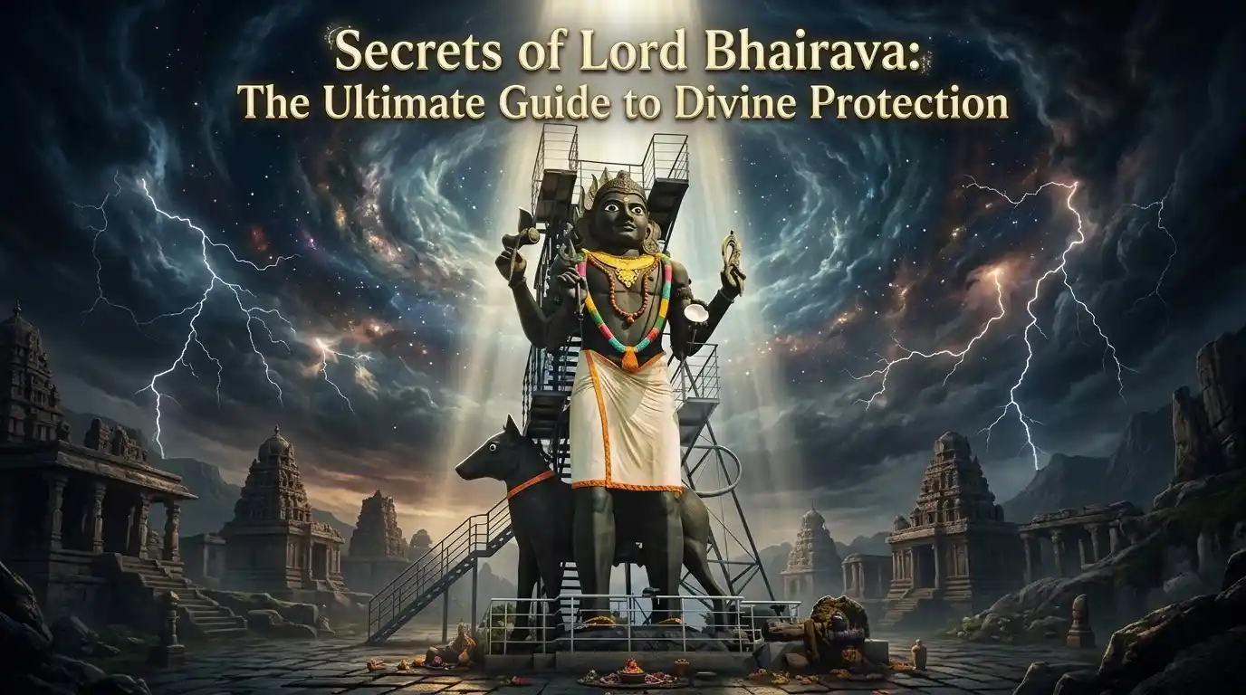 Cinematic banner of Lord Kala Bhairavar statue from Avalpoondurai Erode with the blog title Secrets of Lord Bhairava Ultimate Divine Protection Guide