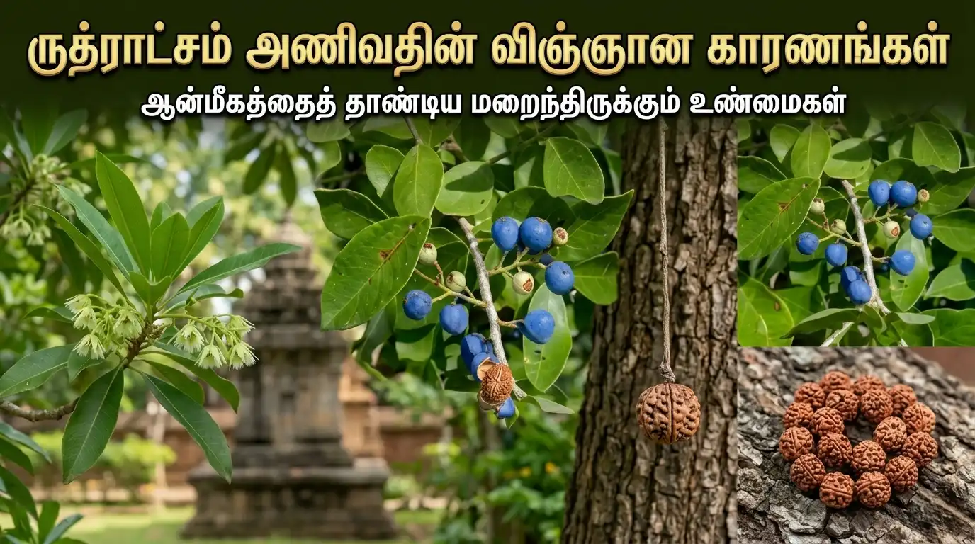 ருத்ராட்ச மாலை அணிந்த பக்தர், ஆன்மீக சக்தி, மன அமைதி மற்றும் விஞ்ஞான நன்மைகளை குறிக்கும் காட்சி