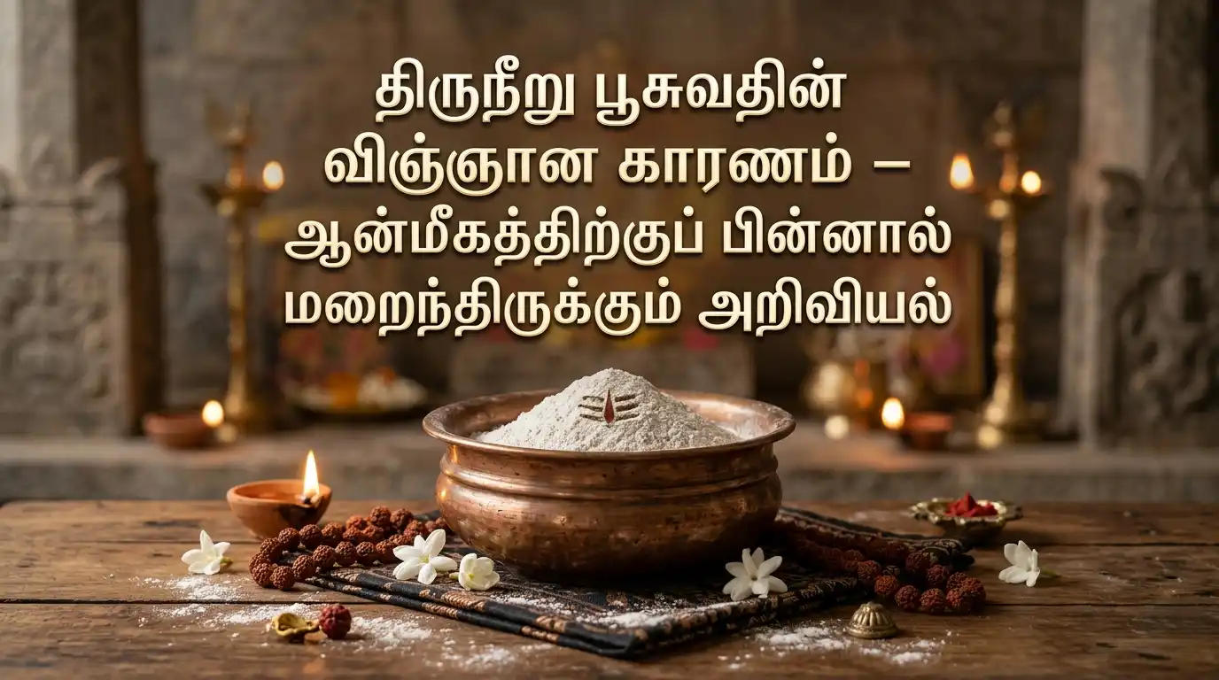 நெற்றியில் திருநீறு அணிந்த சிவ பக்தர், திருநீற்றின் ஆன்மீக மற்றும் விஞ்ஞான முக்கியத்துவத்தை விளக்கும் காட்சி