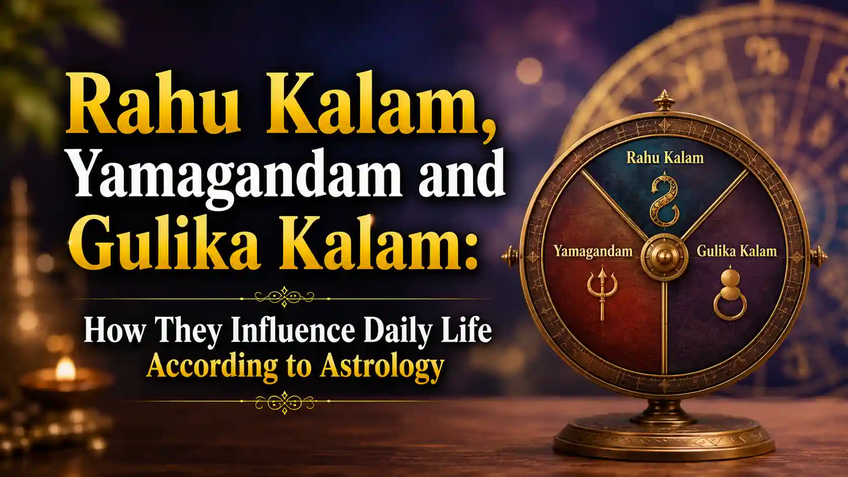 Illustration of a traditional clock with planetary symbols representing Rahu Kalam, Yamagandam, and Gulika Kalam in Vedic astrology.