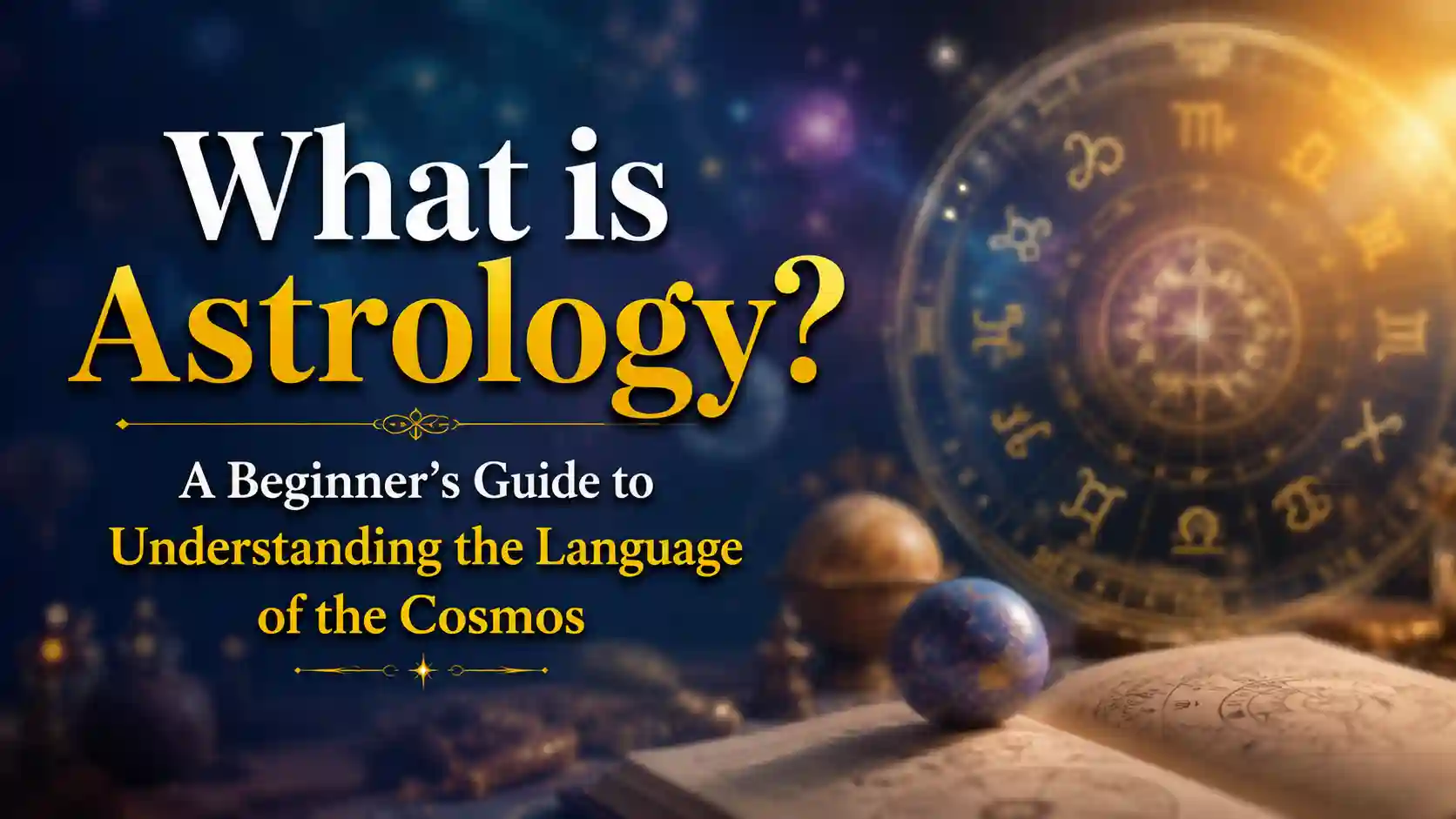 Illustration of a zodiac wheel, planets, and a birth chart representing the fundamentals of astrology.