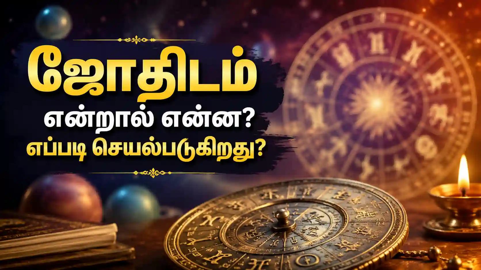 ஜோதிடம், கிரகங்கள், ராசி சக்கரம் மற்றும் வேத ஜோதிடத்தை குறிக்கும் விளக்கப்படம்.