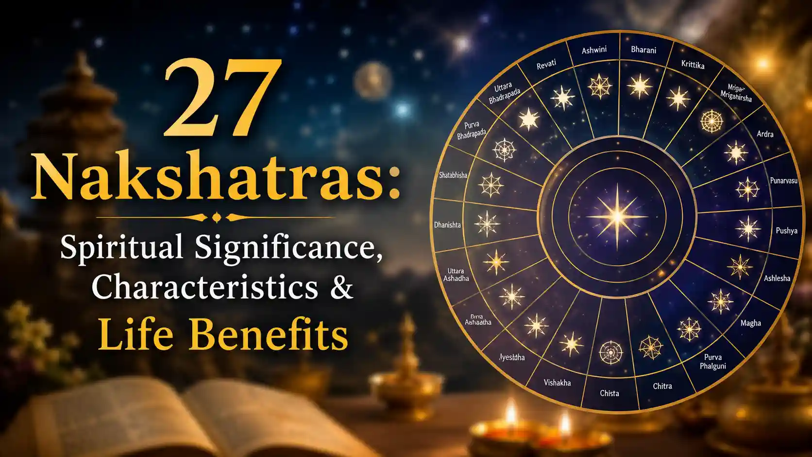 Illustration of the 27 Nakshatras with their spiritual significance and characteristics in Vedic astrology