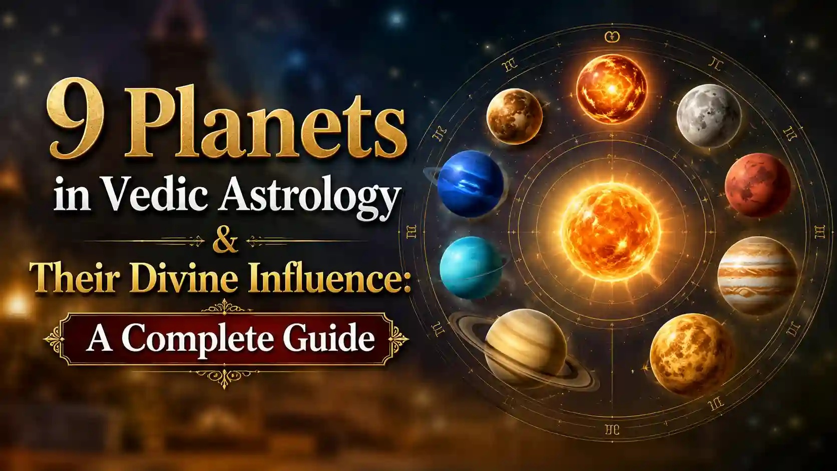 Illustration of the nine planets (Navagraha) in Vedic astrology representing their divine influence on life and destiny.