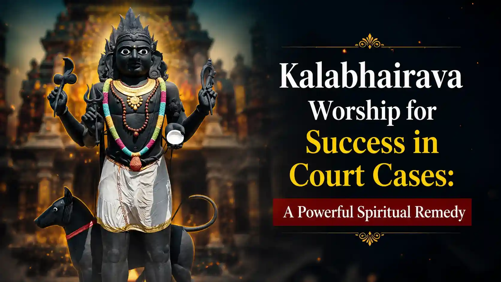 A powerful idol of Lord Kalabhairava adorned with a garland of cashew nuts and a sacred black pepper deepam lit nearby.