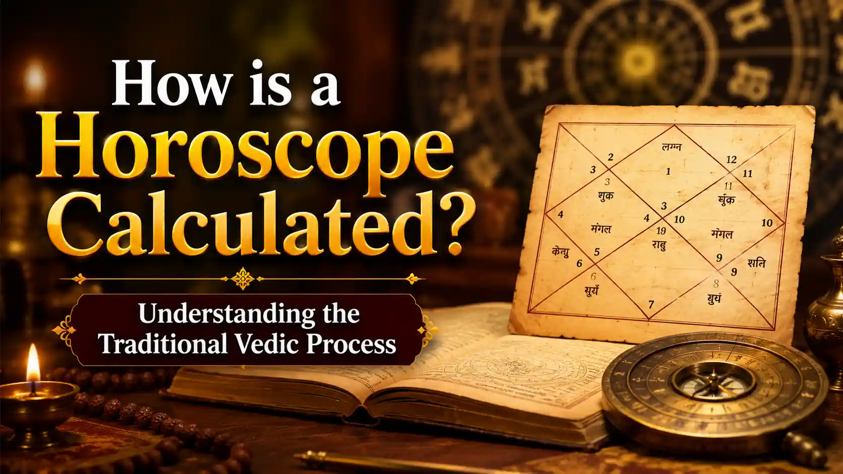Traditional Vedic horoscope calculation showing Lagna, planets, zodiac signs, and twelve houses.