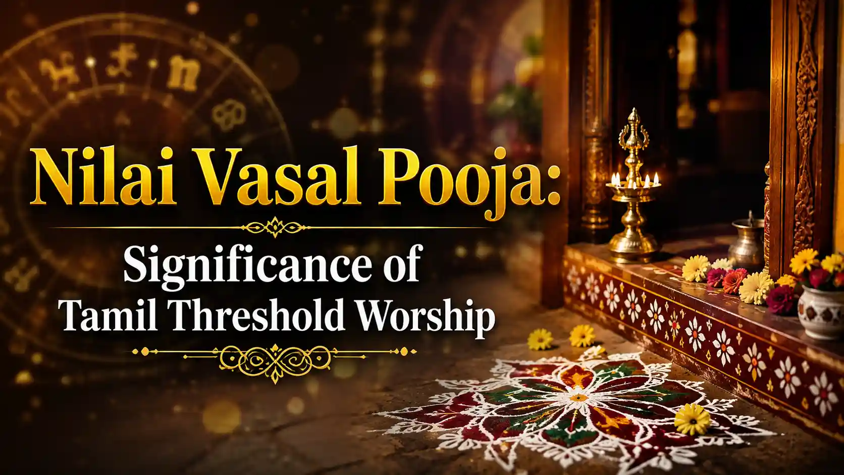 Traditional Nilai Vasal decorated with turmeric, kumkum, and rice flour kolam for threshold worship