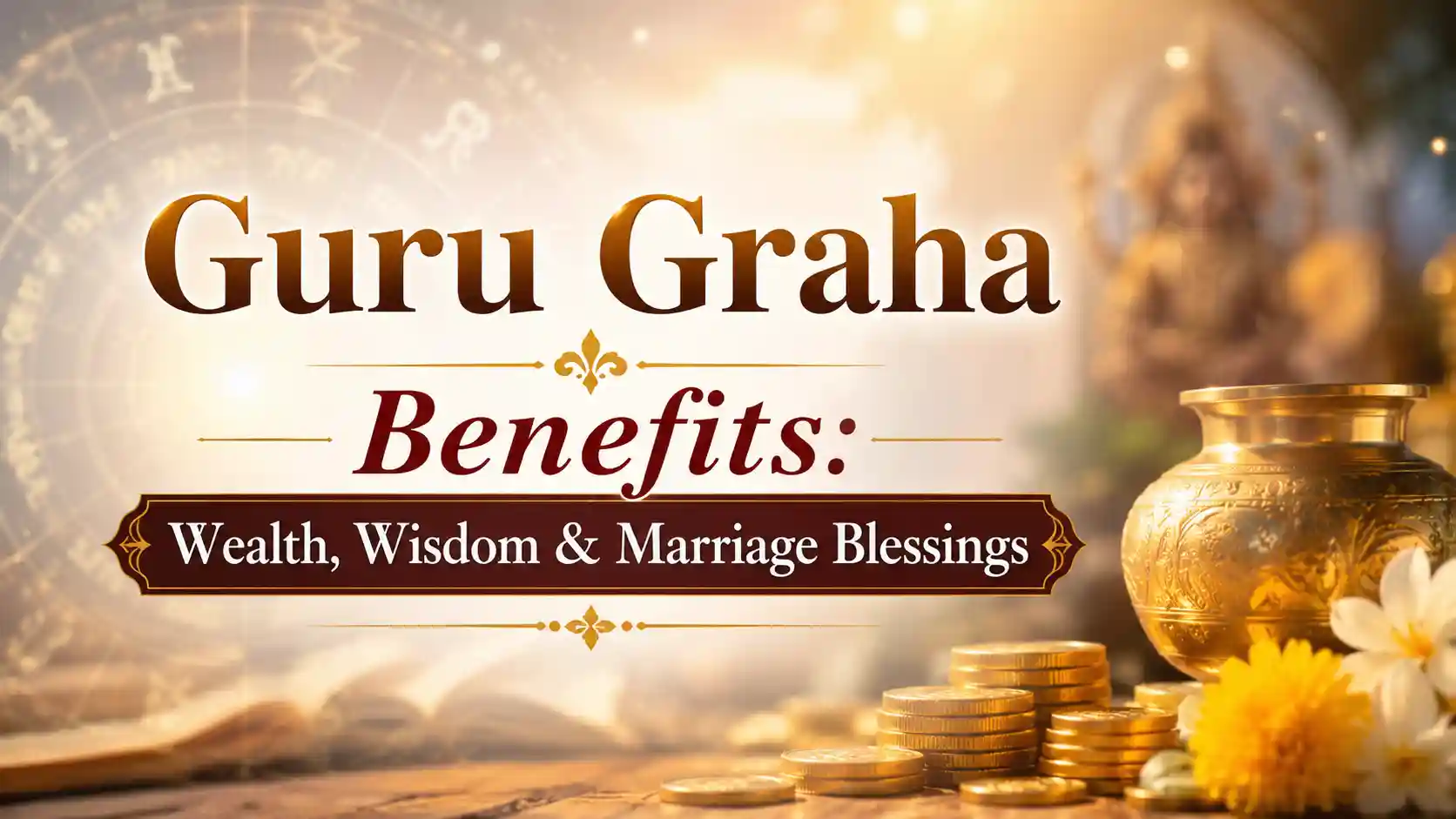 Illustration of Guru Graha representing wealth, wisdom, marriage blessings, children, and spiritual growth in Vedic astrology.