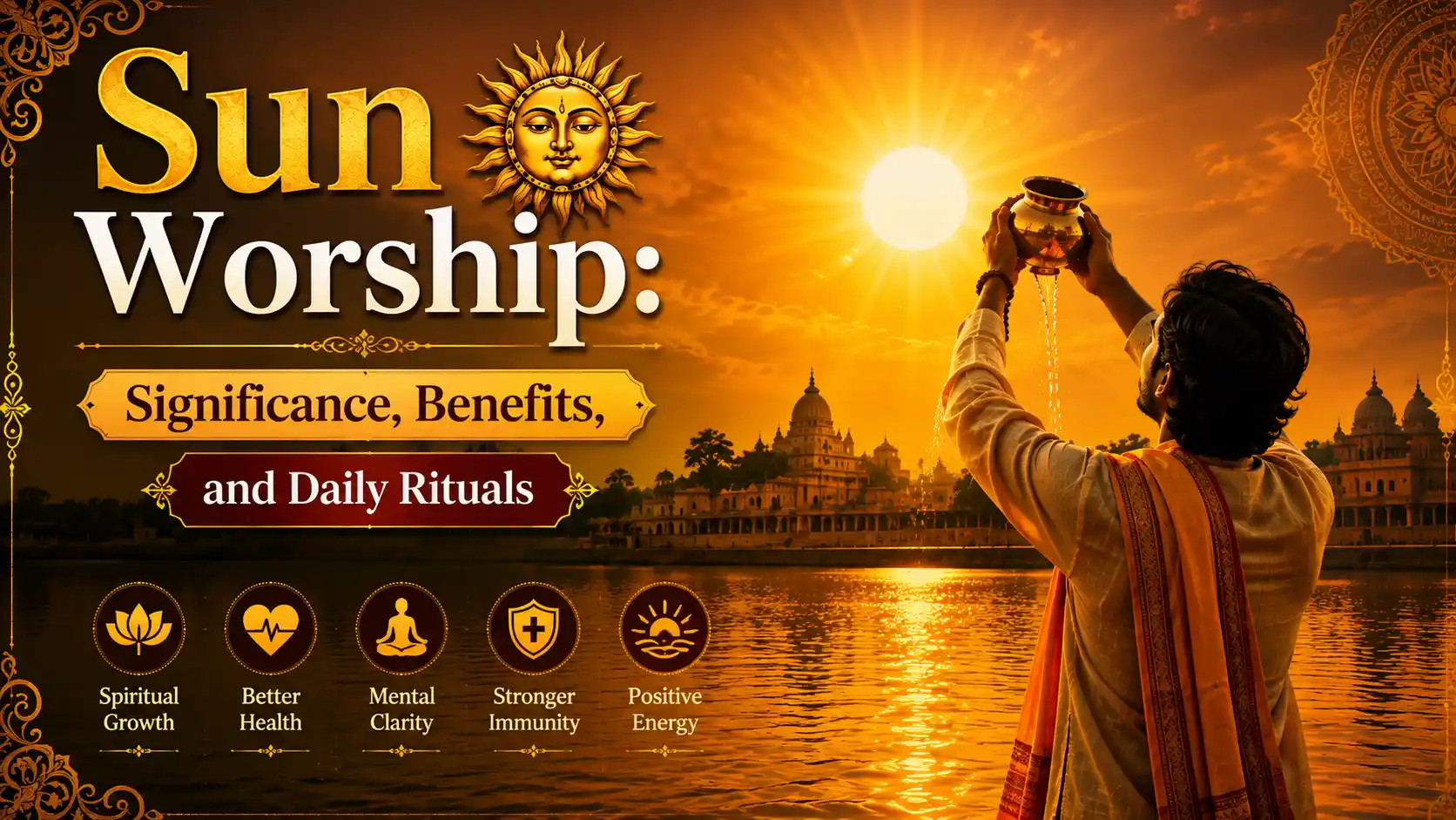 Man offering water in a copper vessel to the rising Sun during morning prayer.