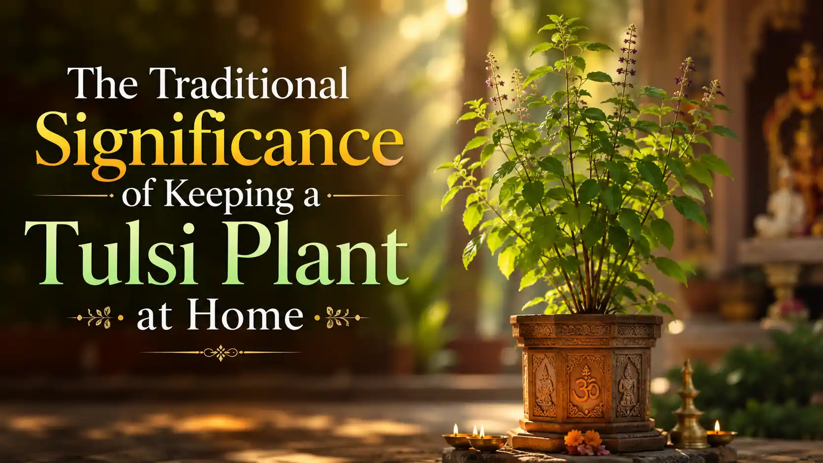 Tulsi plant planted in a traditional decorative pot outdoors