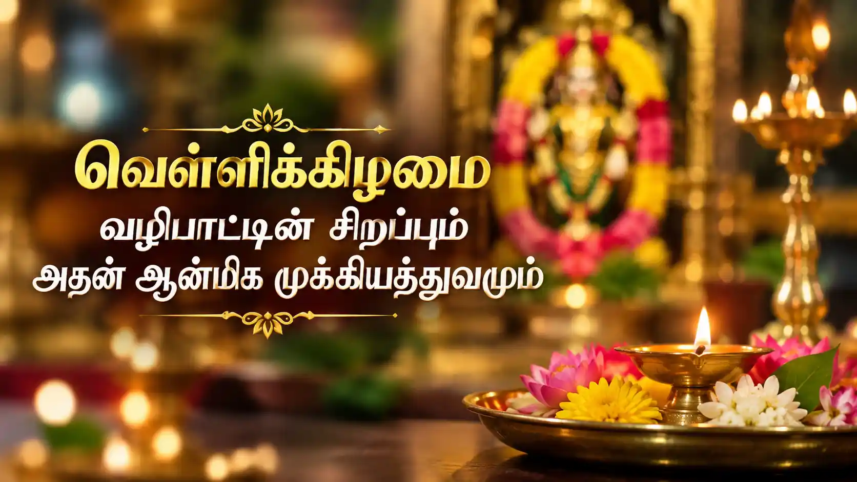 வெள்ளிக்கிழமை வீட்டில் விளக்கேற்றி மகாலட்சுமியை வழிபடும் காட்சி
